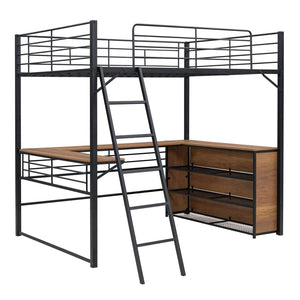 HomeRoots Black Loft Bed with Desk & Shelves - Stylish Space-Saving Double Bed for Small Rooms & Studios 590307