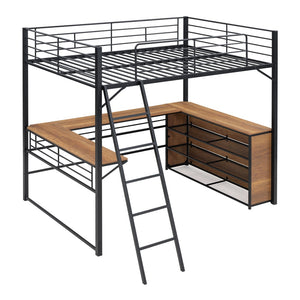 HomeRoots Black Loft Bed with Desk & Shelves - Stylish Space-Saving Double Bed for Small Rooms & Studios 590307