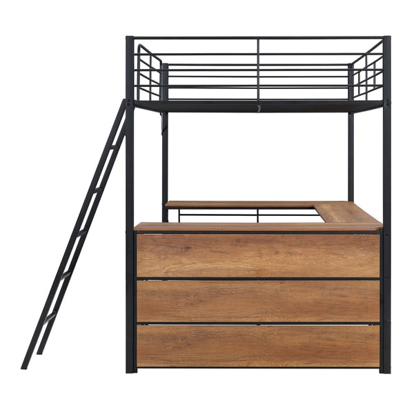 HomeRoots Black Loft Bed with Desk & Shelves - Stylish Space-Saving Double Bed for Small Rooms & Studios 590307