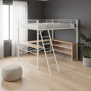HomeRoots Natural Loft Bed with Integrated Desk and Shelving - Space-Saving Full Double Design for Modern Living 590308
