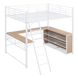 HomeRoots Natural Loft Bed with Integrated Desk and Shelving - Space-Saving Full Double Design for Modern Living 590308