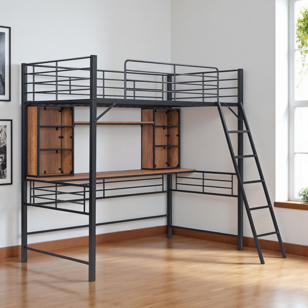 HomeRoots Black Twin Loft Bed with Integrated Desk & Shelving - Space-Saving Design for Small Rooms & Studios 590309