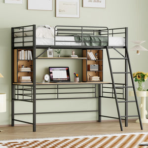 HomeRoots Black Twin Loft Bed with Integrated Desk & Shelving - Space-Saving Design for Small Rooms & Studios 590309
