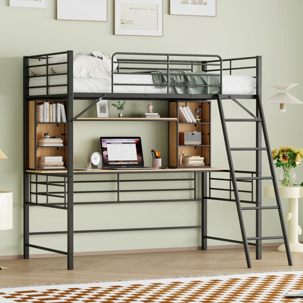 HomeRoots Black Twin Loft Bed with Integrated Desk & Shelving - Space-Saving Design for Small Rooms & Studios 590309