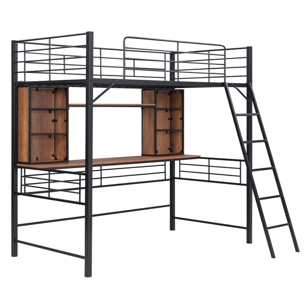 HomeRoots Black Twin Loft Bed with Integrated Desk & Shelving - Space-Saving Design for Small Rooms & Studios 590309