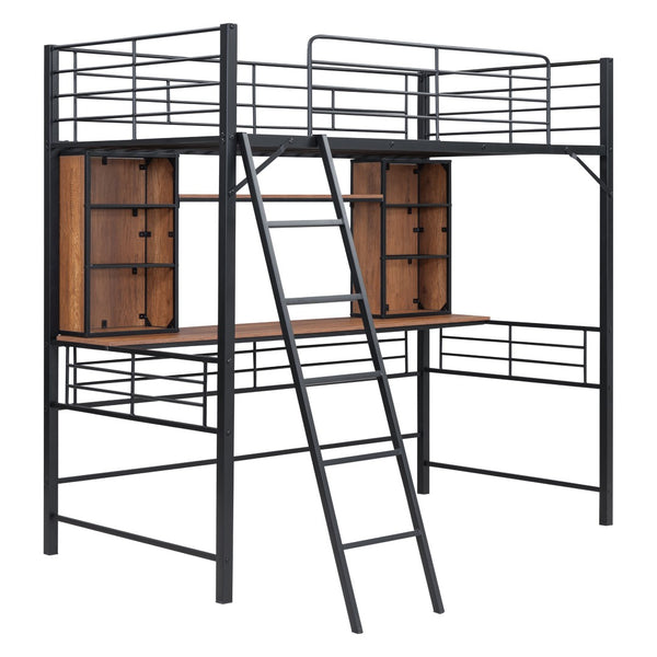 HomeRoots Black Twin Loft Bed with Integrated Desk & Shelving - Space-Saving Design for Small Rooms & Studios 590309