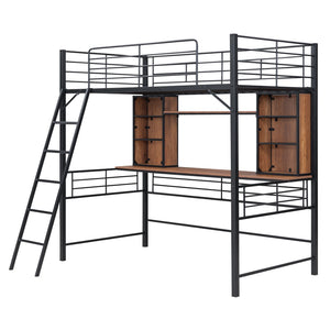 HomeRoots Black Twin Loft Bed with Integrated Desk & Shelving - Space-Saving Design for Small Rooms & Studios 590309