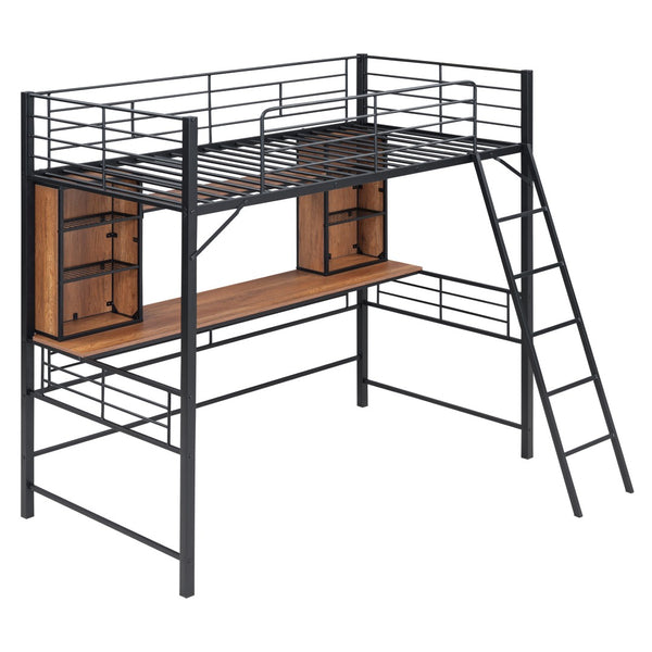 HomeRoots Black Twin Loft Bed with Integrated Desk & Shelving - Space-Saving Design for Small Rooms & Studios 590309