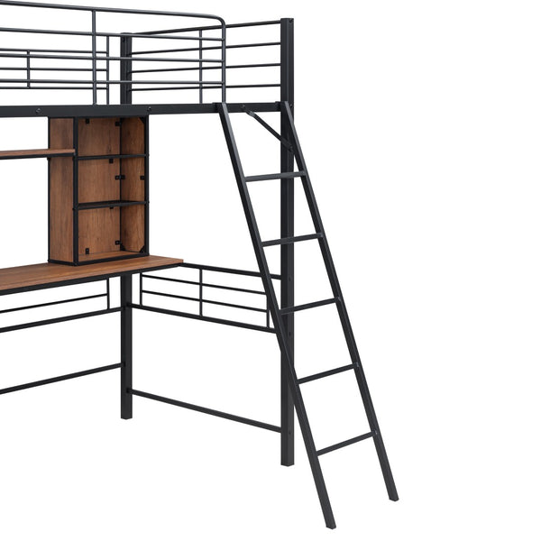 HomeRoots Black Twin Loft Bed with Integrated Desk & Shelving - Space-Saving Design for Small Rooms & Studios 590309