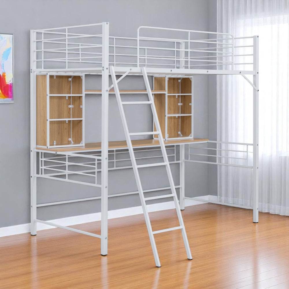 HomeRoots Natural Twin Loft Bed with Desk & Shelving - Space-Saving Wood & Metal Design for Small Rooms 590310