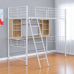 HomeRoots Natural Twin Loft Bed with Desk & Shelving - Space-Saving Wood & Metal Design for Small Rooms 590310