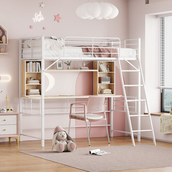 HomeRoots Natural Twin Loft Bed with Desk & Shelving - Space-Saving Wood & Metal Design for Small Rooms 590310