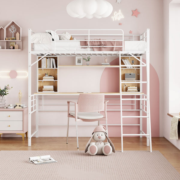 HomeRoots Natural Twin Loft Bed with Desk & Shelving - Space-Saving Wood & Metal Design for Small Rooms 590310