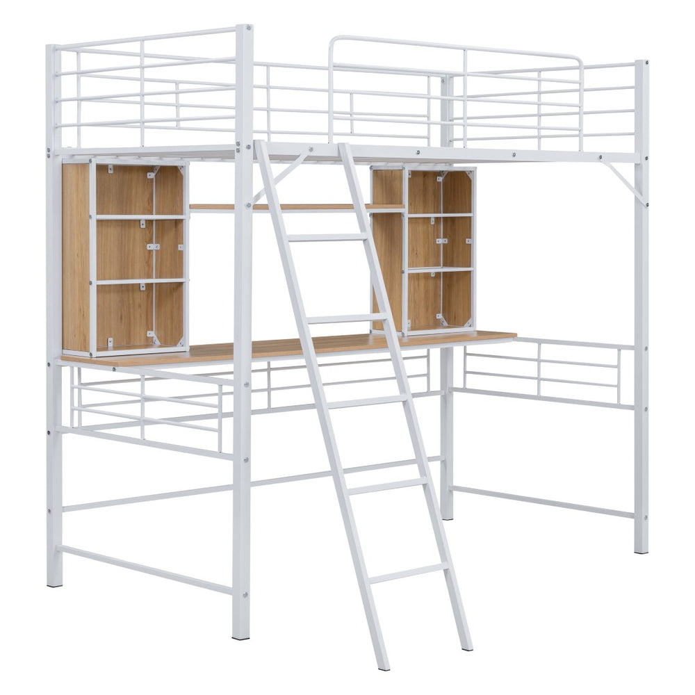 HomeRoots Natural Twin Loft Bed with Desk & Shelving - Space-Saving Wood & Metal Design for Small Rooms 590310