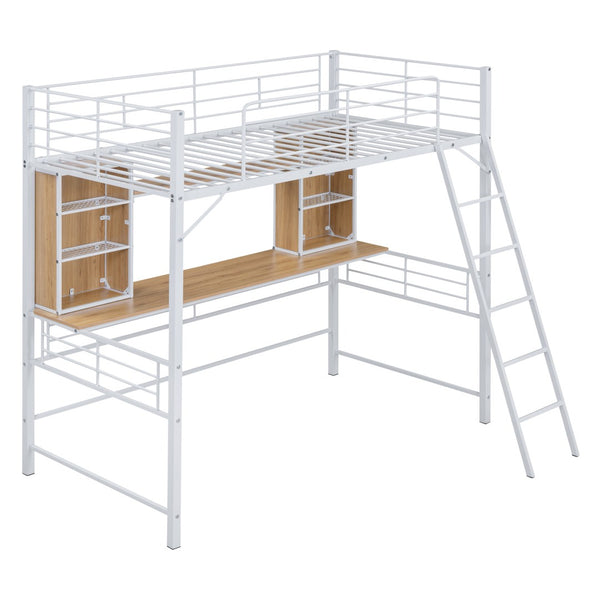 HomeRoots Natural Twin Loft Bed with Desk & Shelving - Space-Saving Wood & Metal Design for Small Rooms 590310