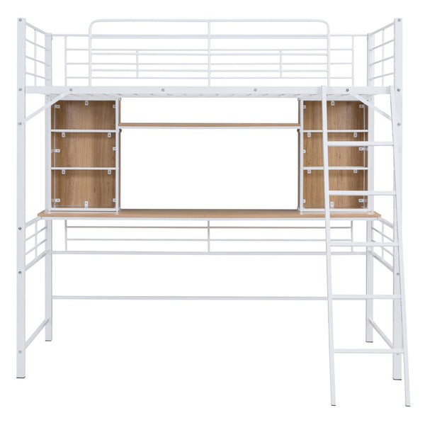 HomeRoots Natural Twin Loft Bed with Desk & Shelving - Space-Saving Wood & Metal Design for Small Rooms 590310