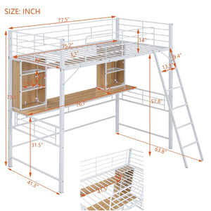 HomeRoots Natural Twin Loft Bed with Desk & Shelving - Space-Saving Wood & Metal Design for Small Rooms 590310