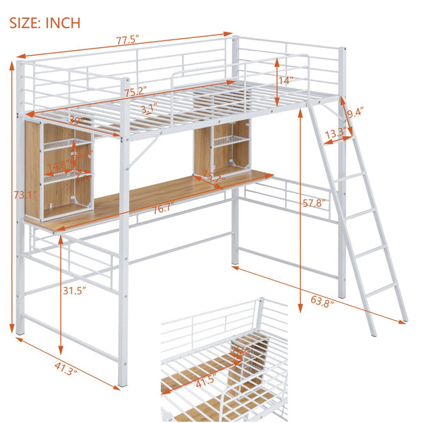 HomeRoots Natural Twin Loft Bed with Desk & Shelving - Space-Saving Wood & Metal Design for Small Rooms 590310