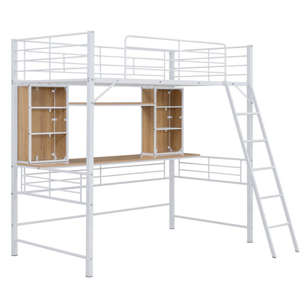 HomeRoots Natural Twin Loft Bed with Desk & Shelving - Space-Saving Wood & Metal Design for Small Rooms 590310