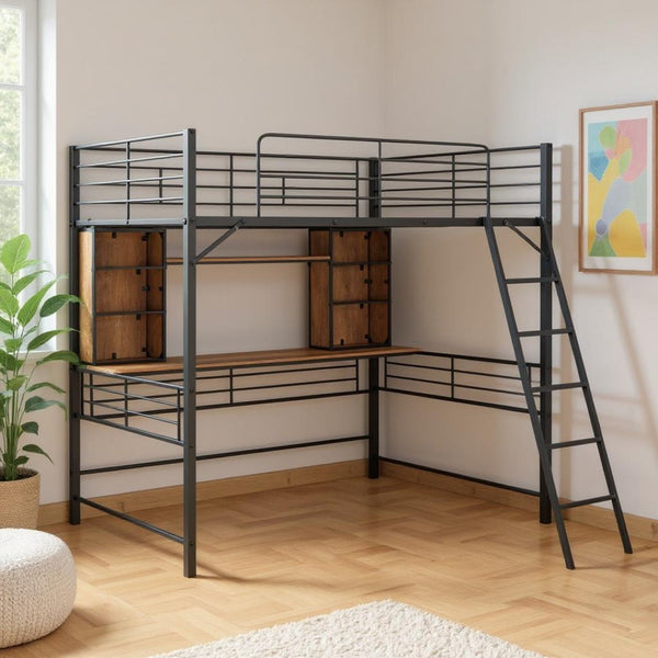HomeRoots Black Loft Bed with Desk & Shelving - Space-Saving Metal & Natural Wood Design for Modern Bedrooms 590311