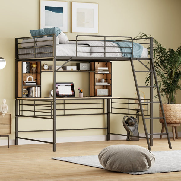 HomeRoots Black Loft Bed with Desk & Shelving - Space-Saving Metal & Natural Wood Design for Modern Bedrooms 590311