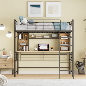 HomeRoots Black Loft Bed with Desk & Shelving - Space-Saving Metal & Natural Wood Design for Modern Bedrooms 590311