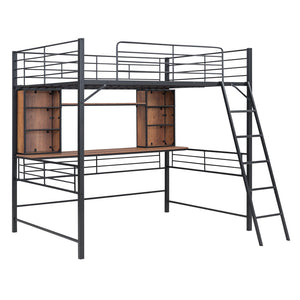 HomeRoots Black Loft Bed with Desk & Shelving - Space-Saving Metal & Natural Wood Design for Modern Bedrooms 590311