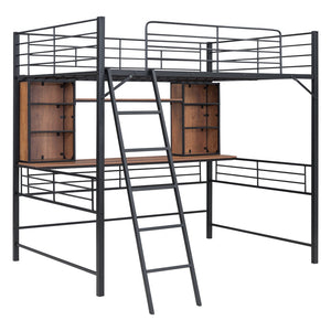 HomeRoots Black Loft Bed with Desk & Shelving - Space-Saving Metal & Natural Wood Design for Modern Bedrooms 590311