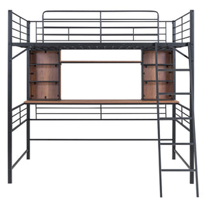 HomeRoots Black Loft Bed with Desk & Shelving - Space-Saving Metal & Natural Wood Design for Modern Bedrooms 590311