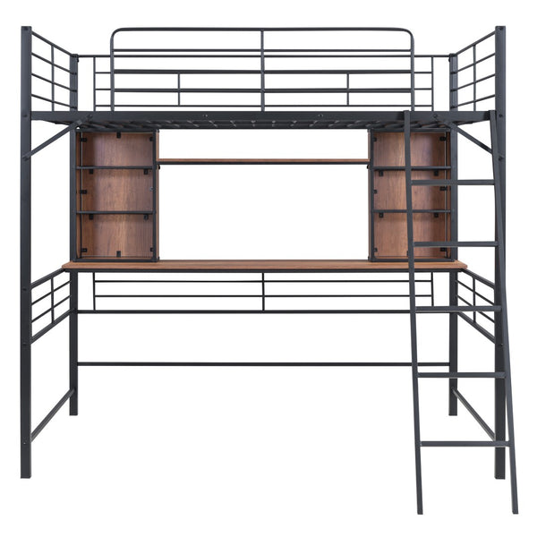 HomeRoots Black Loft Bed with Desk & Shelving - Space-Saving Metal & Natural Wood Design for Modern Bedrooms 590311