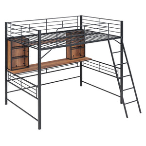 HomeRoots Black Loft Bed with Desk & Shelving - Space-Saving Metal & Natural Wood Design for Modern Bedrooms 590311