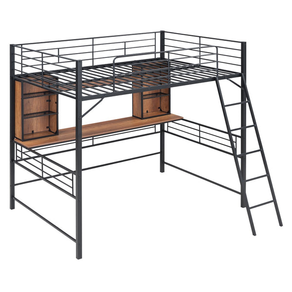 HomeRoots Black Loft Bed with Desk & Shelving - Space-Saving Metal & Natural Wood Design for Modern Bedrooms 590311