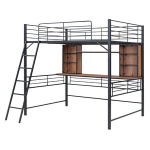 HomeRoots Black Loft Bed with Desk & Shelving - Space-Saving Metal & Natural Wood Design for Modern Bedrooms 590311