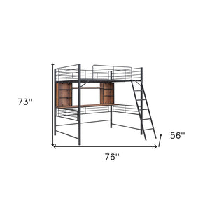 HomeRoots Black Loft Bed with Desk & Shelving - Space-Saving Metal & Natural Wood Design for Modern Bedrooms 590311