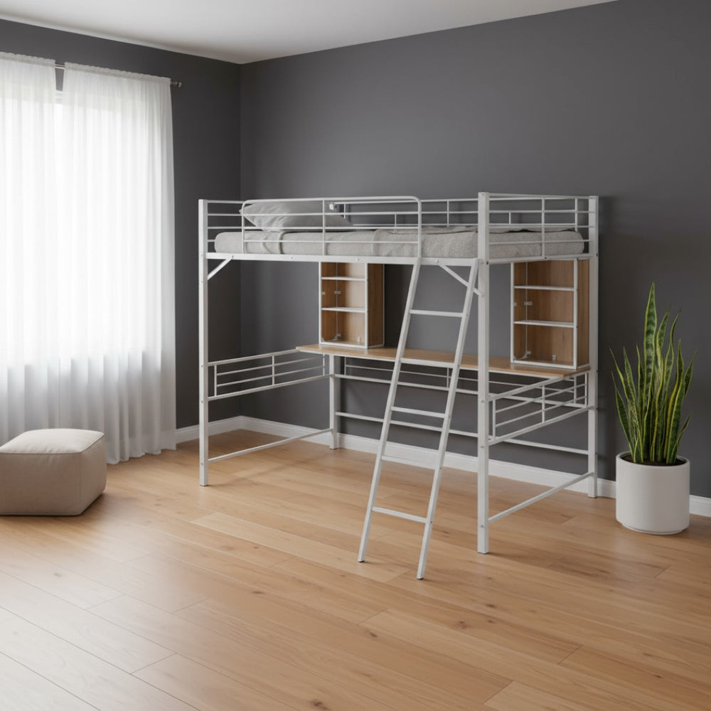 HomeRoots Natural Full Double Loft Bed with Desk & Shelves - Stylish Space-Saving Design for Modern Rooms 590312