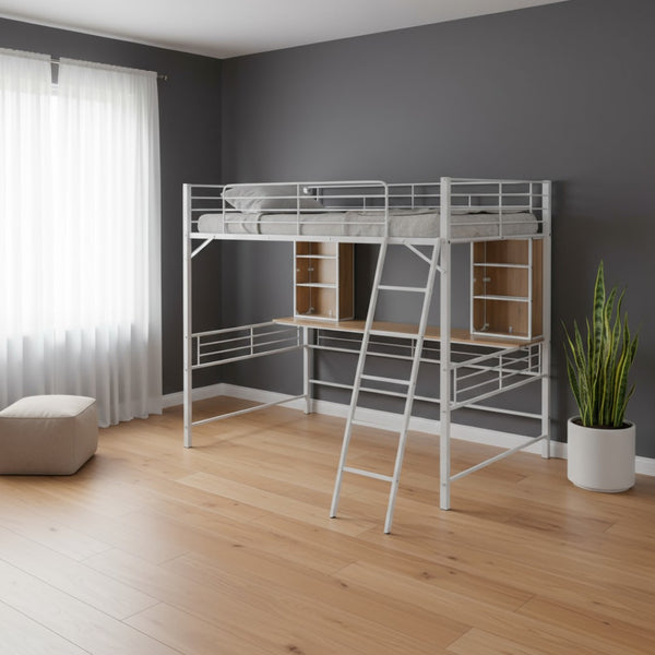 HomeRoots Natural Full Double Loft Bed with Desk & Shelves - Stylish Space-Saving Design for Modern Rooms 590312
