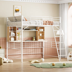 HomeRoots Natural Full Double Loft Bed with Desk & Shelves - Stylish Space-Saving Design for Modern Rooms 590312