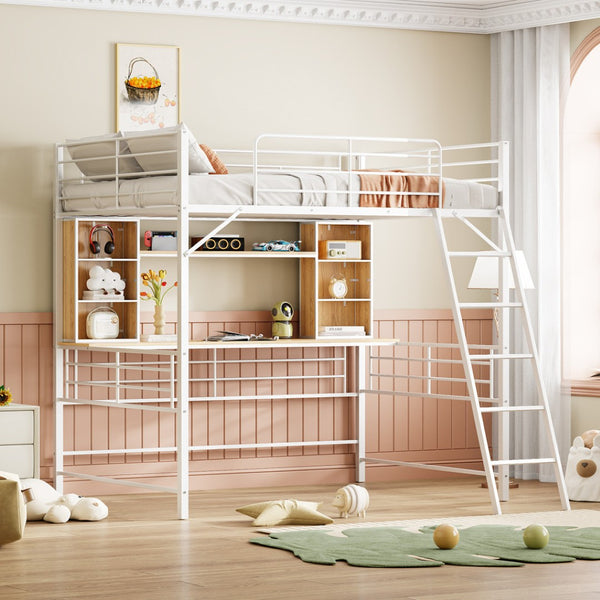 HomeRoots Natural Full Double Loft Bed with Desk & Shelves - Stylish Space-Saving Design for Modern Rooms 590312