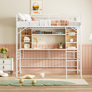 HomeRoots Natural Full Double Loft Bed with Desk & Shelves - Stylish Space-Saving Design for Modern Rooms 590312