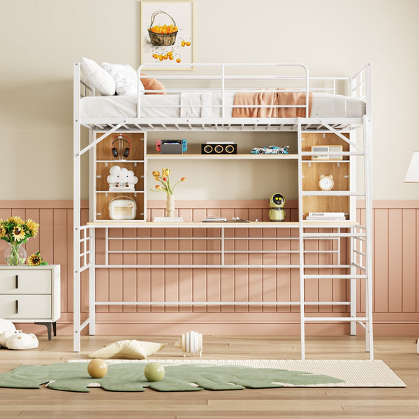 HomeRoots Natural Full Double Loft Bed with Desk & Shelves - Stylish Space-Saving Design for Modern Rooms 590312