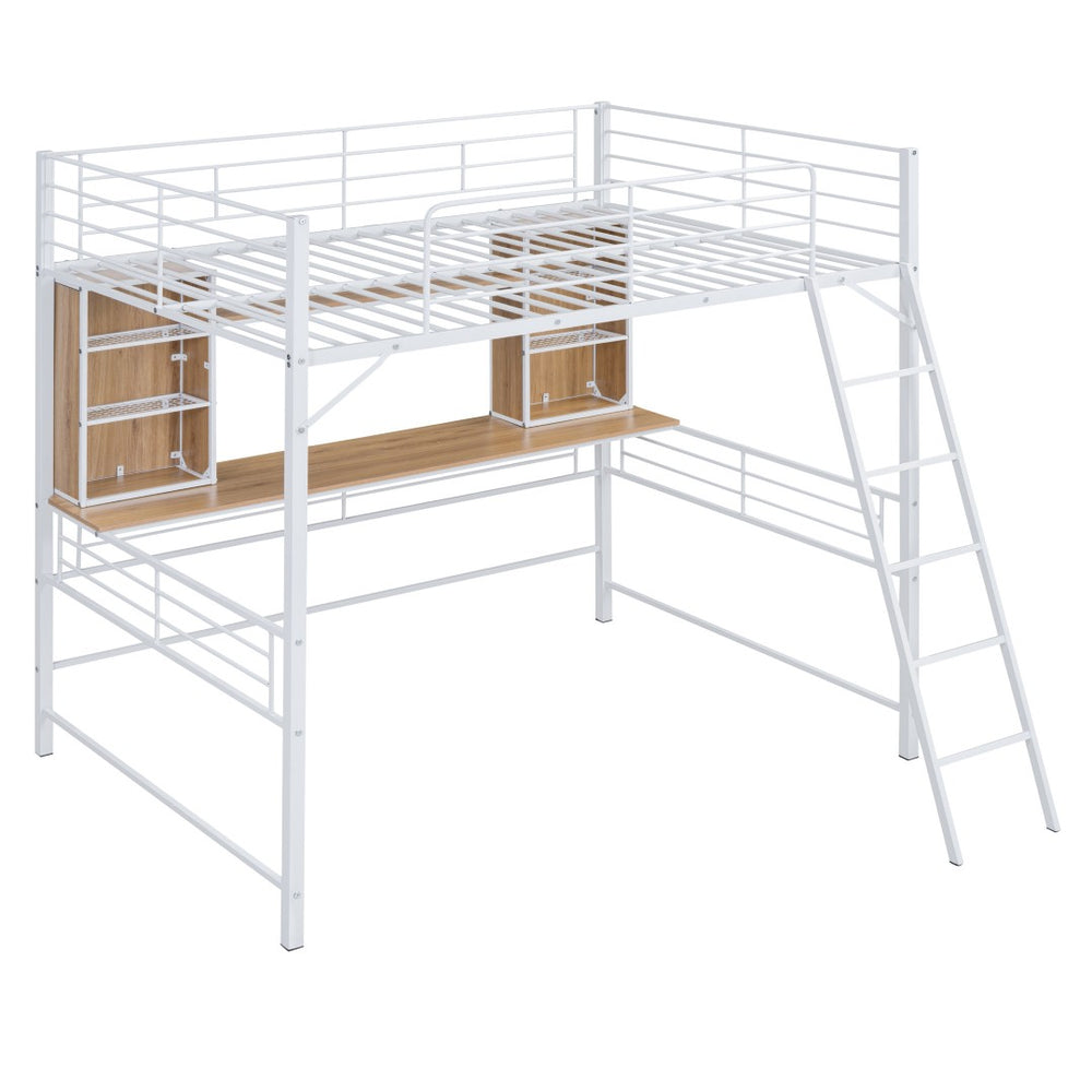 HomeRoots Natural Full Double Loft Bed with Desk & Shelves - Stylish Space-Saving Design for Modern Rooms 590312