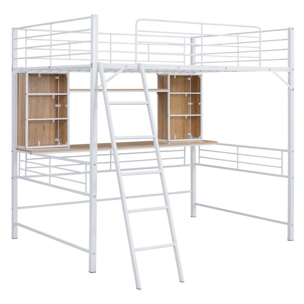 HomeRoots Natural Full Double Loft Bed with Desk & Shelves - Stylish Space-Saving Design for Modern Rooms 590312