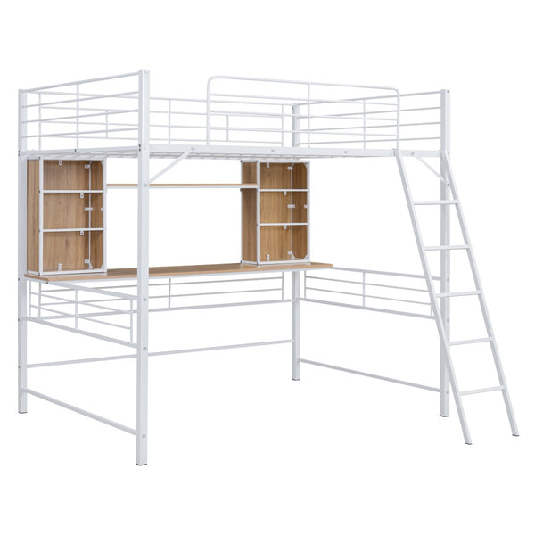 HomeRoots Natural Full Double Loft Bed with Desk & Shelves - Stylish Space-Saving Design for Modern Rooms 590312