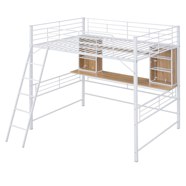 HomeRoots Natural Full Double Loft Bed with Desk & Shelves - Stylish Space-Saving Design for Modern Rooms 590312