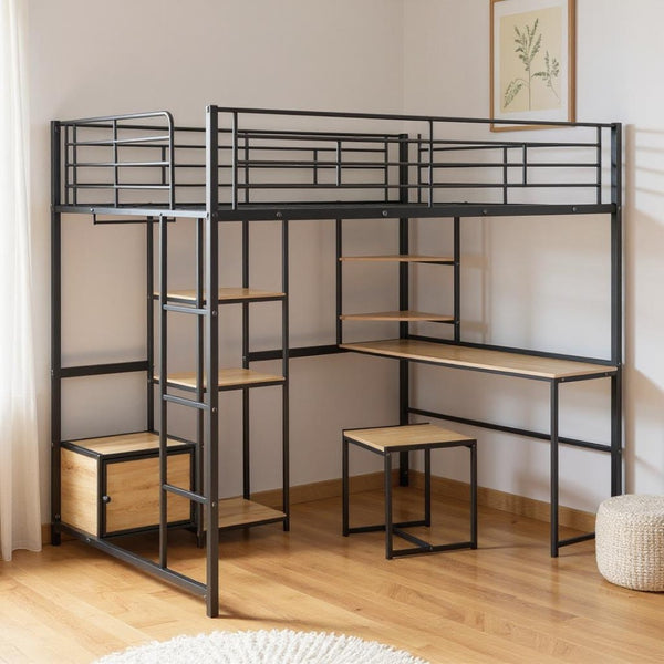 HomeRoots Black Loft Bed with Desk, Drawer & Cabinet - Stylish, Space-Saving Full Double Slat Wood & Metal Design 590313