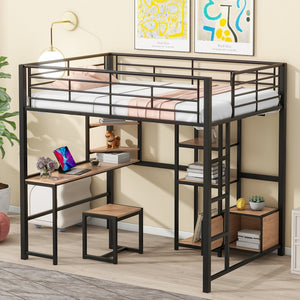 HomeRoots Black Loft Bed with Desk, Drawer & Cabinet - Stylish, Space-Saving Full Double Slat Wood & Metal Design 590313