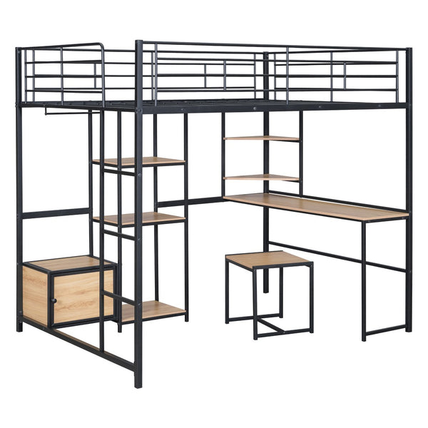 HomeRoots Black Loft Bed with Desk, Drawer & Cabinet - Stylish, Space-Saving Full Double Slat Wood & Metal Design 590313