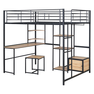 HomeRoots Black Loft Bed with Desk, Drawer & Cabinet - Stylish, Space-Saving Full Double Slat Wood & Metal Design 590313
