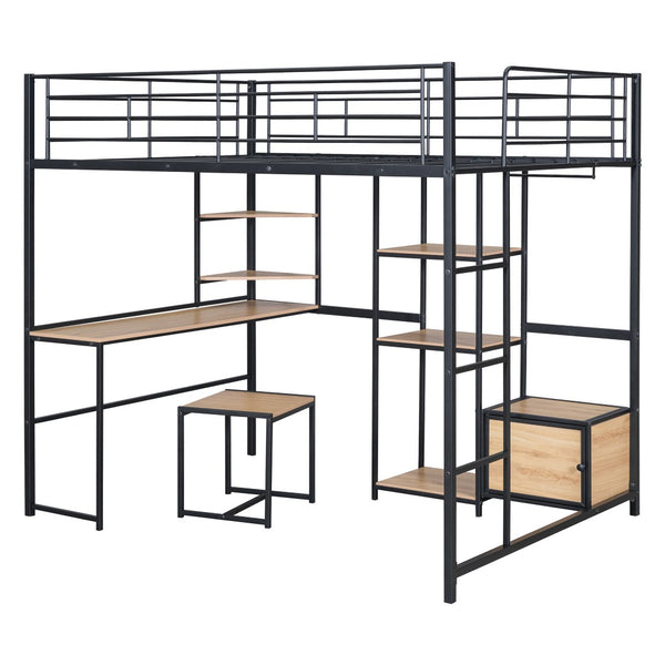 HomeRoots Black Loft Bed with Desk, Drawer & Cabinet - Stylish, Space-Saving Full Double Slat Wood & Metal Design 590313