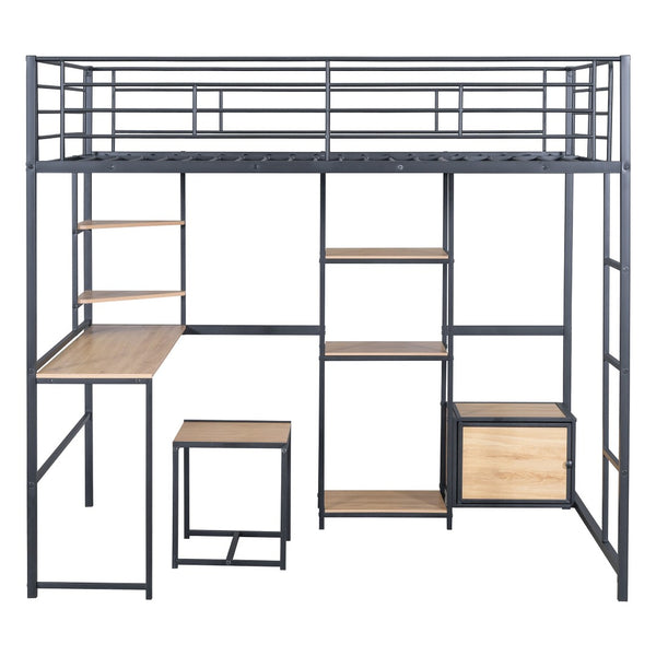 HomeRoots Black Loft Bed with Desk, Drawer & Cabinet - Stylish, Space-Saving Full Double Slat Wood & Metal Design 590313